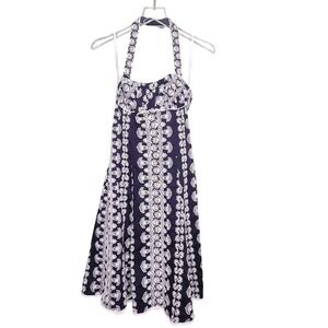 Nanette Lepore Embroidered Halter Dress Blue White Floral Rockabilly Retro USA 6